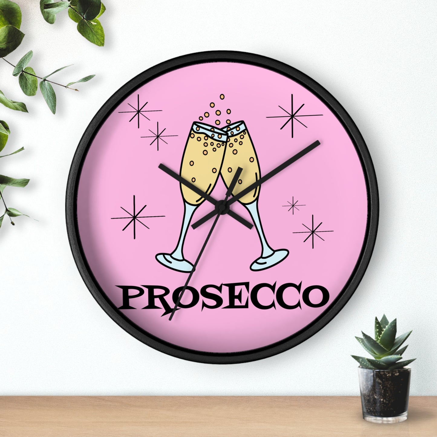 Prosecco Cocktails Pink Mid Century Retro Style Black Wall Clock