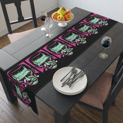 Frankenstein Monster Retro Halloween Print Black Cotton Poly Table Runner