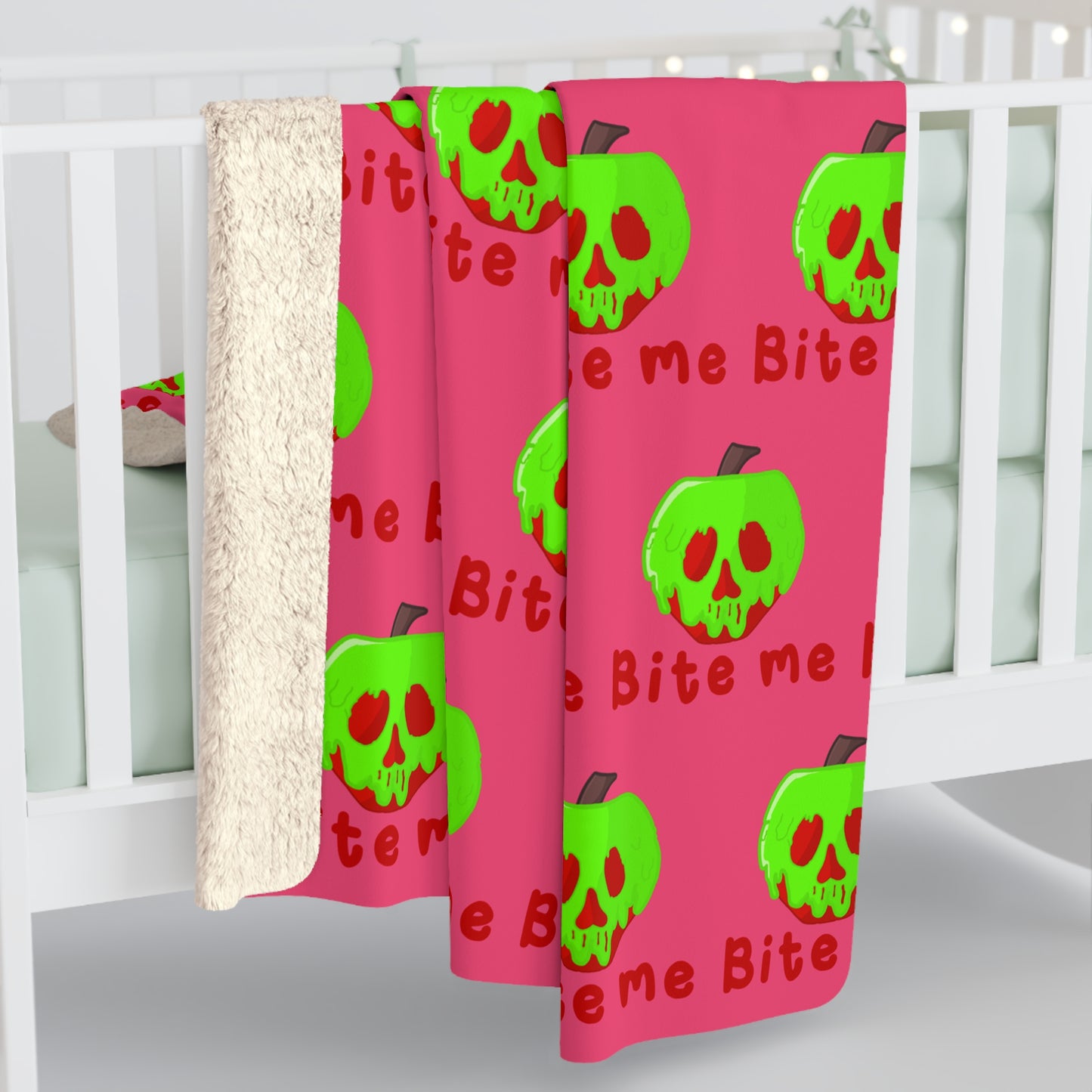 Bite Me Poison Apple Halloween Sherpa Fleece Blanket - Pink Variant