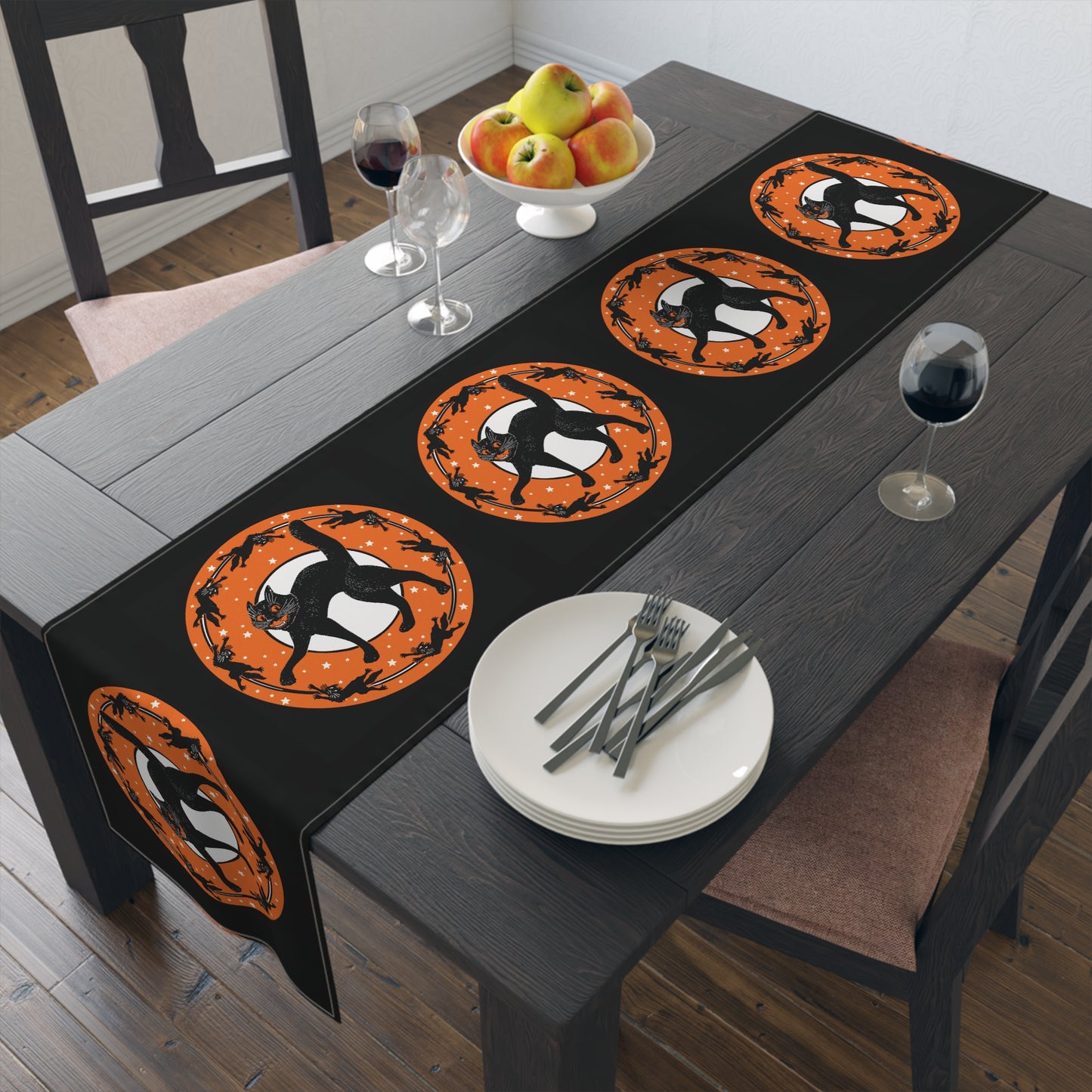 Black Cats Retro Halloween Print Black Cotton Poly Table Runner