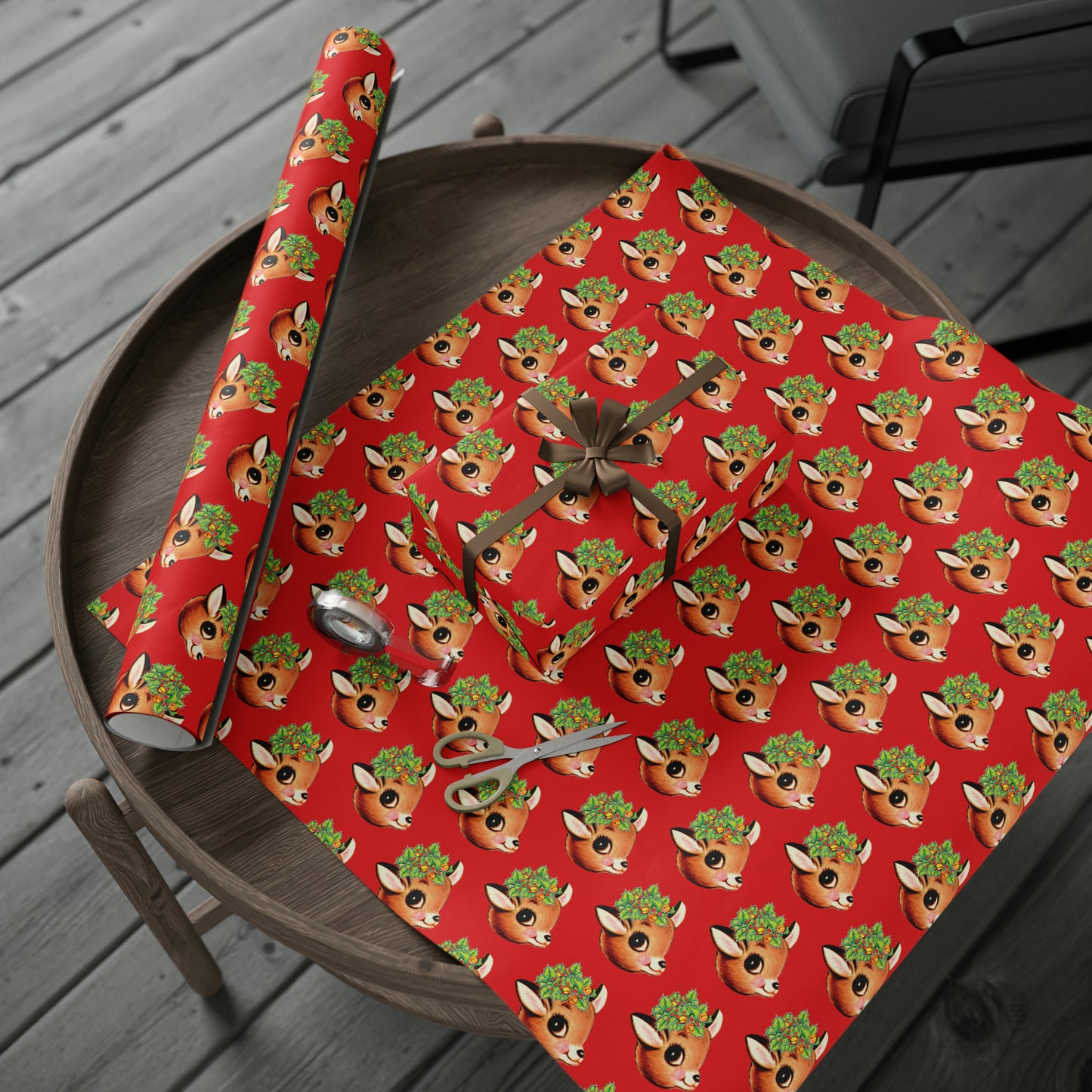 Reindeer With Holly And Bells Red Mid Century Retro Christmas Print Holiday Gift Wrap Paper - Glossy Or Matte