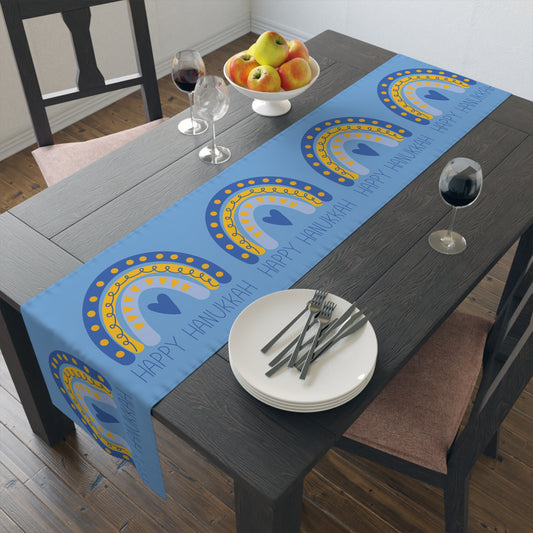 Happy Hanukkah Table Runner Blue Yellow Boho Rainbow Polyester Winter Unique Cozy Cute Holiday Kitchen Dining Decoration Linen