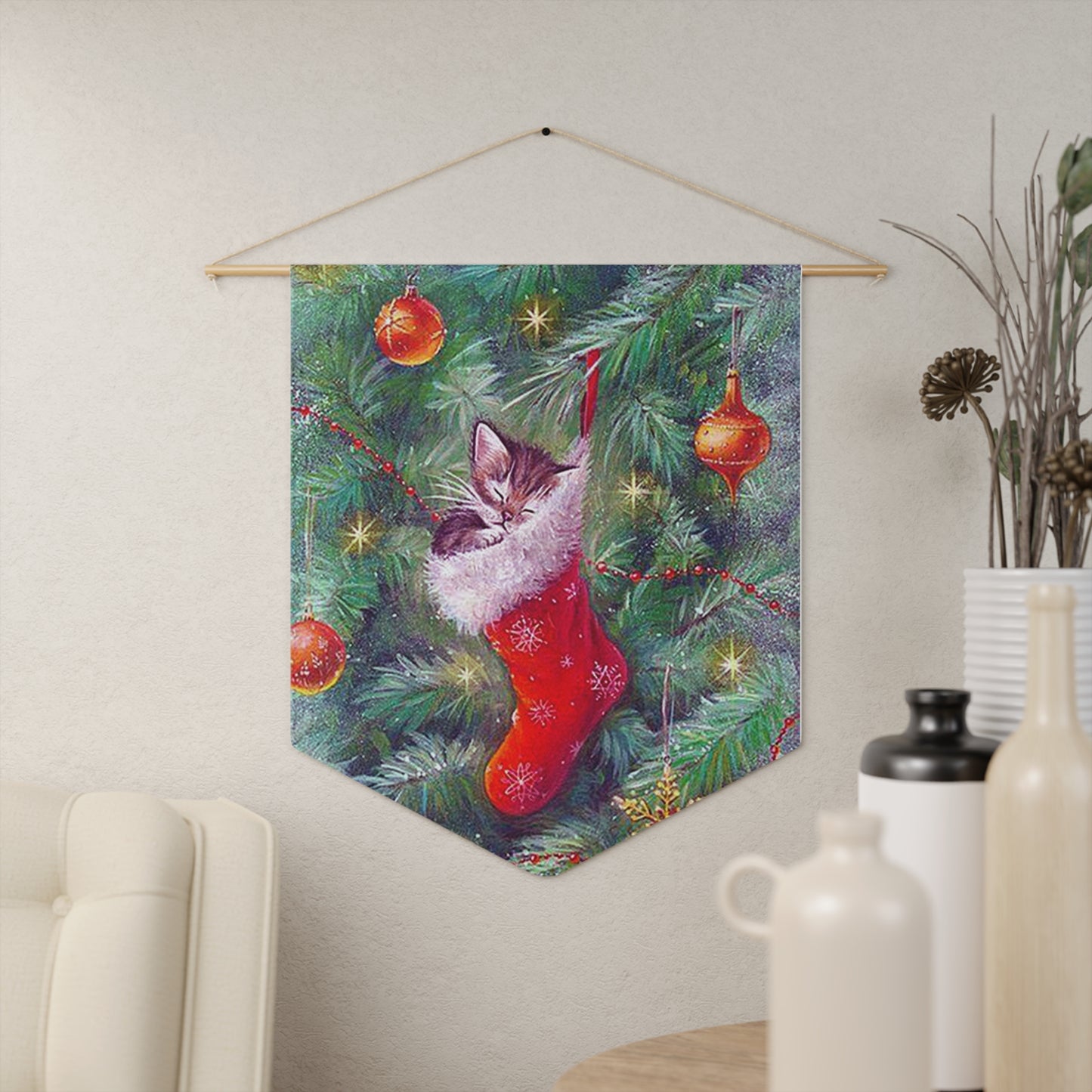 Christmas Kitten Sleeping In Stocking In Christmas Tree Retro Christmas Print Wall Hanging Banner Flag