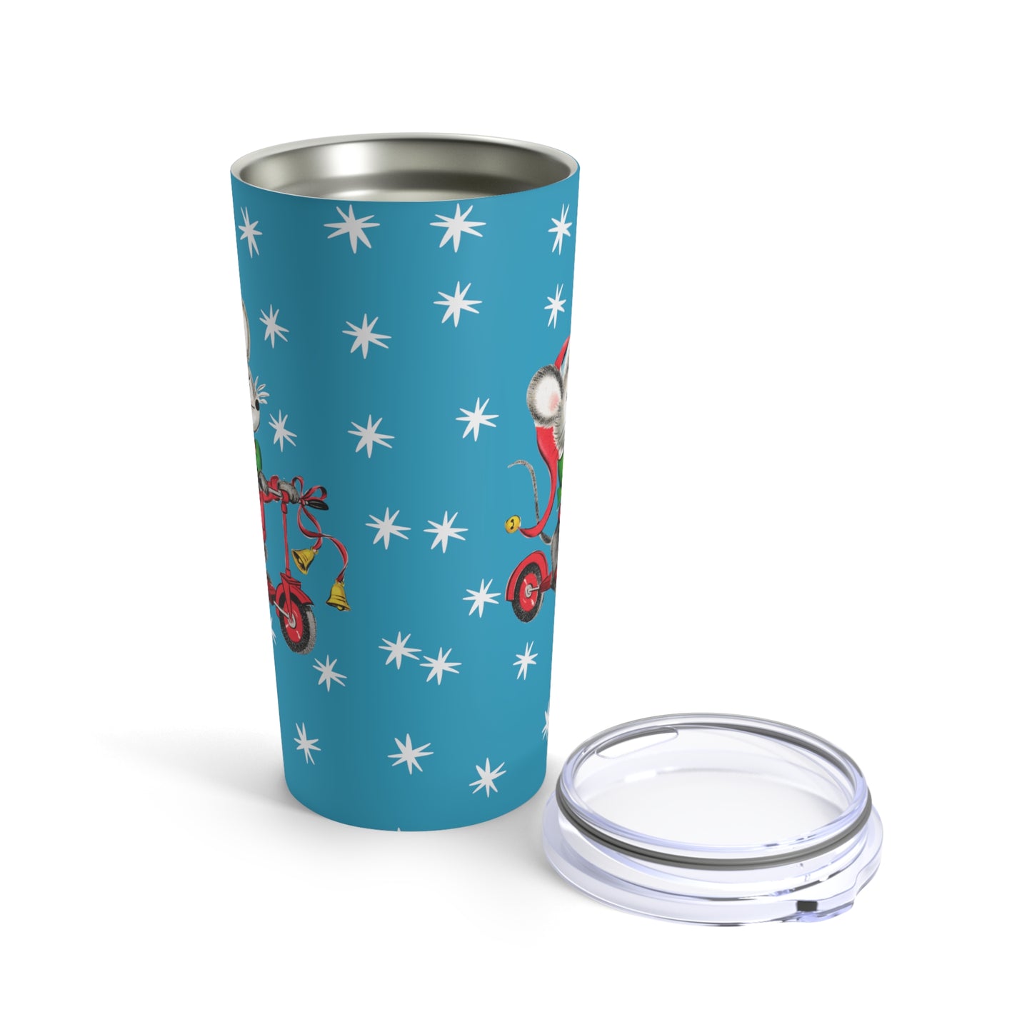 Christmas Mouse On Scooter Stars Bluee Mid Century Retro Christmas Print Stainless Steel Tumbler 20oz