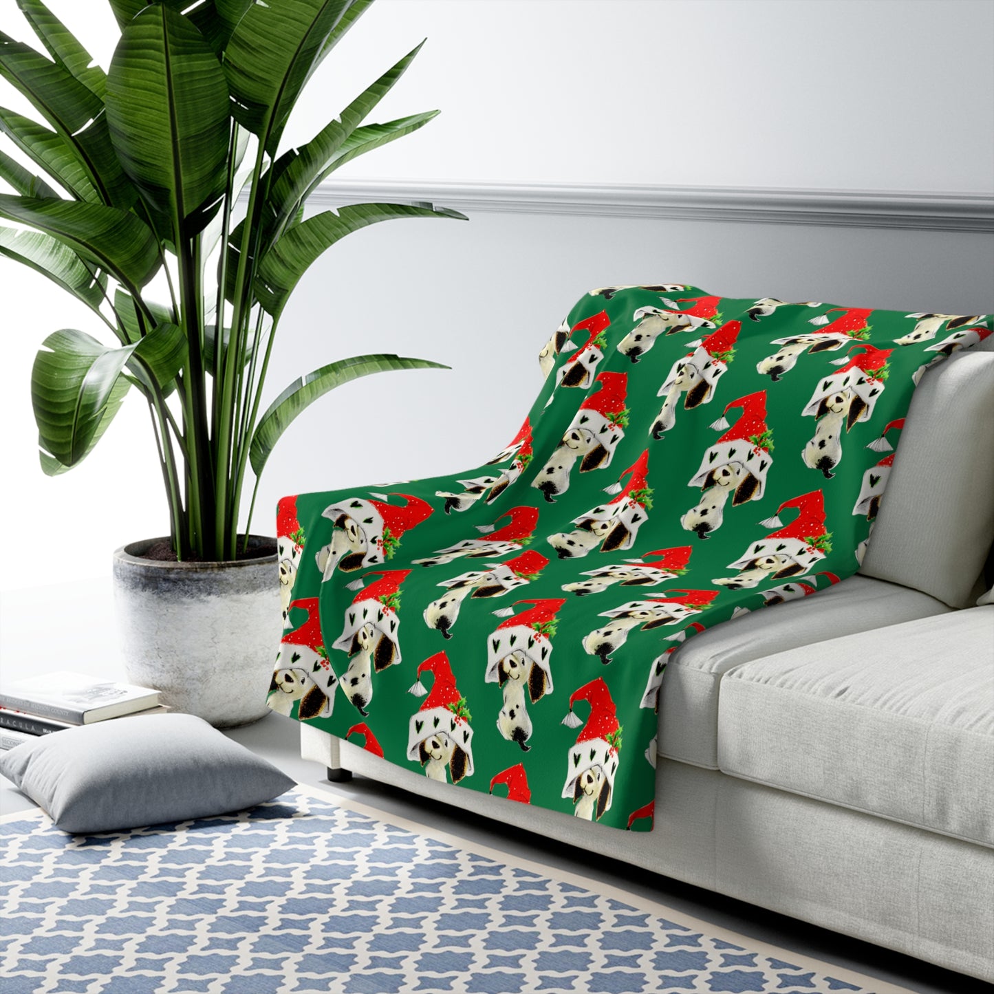 Christmas Dalmation Puppy In Santa Hat Mid Century Retro Christmas Print Sherpa Fleece Blanket