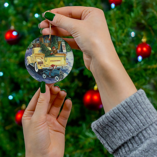 Merry Christmas Yellow Packard Truck Retro Christmas Print Ceramic Ornament