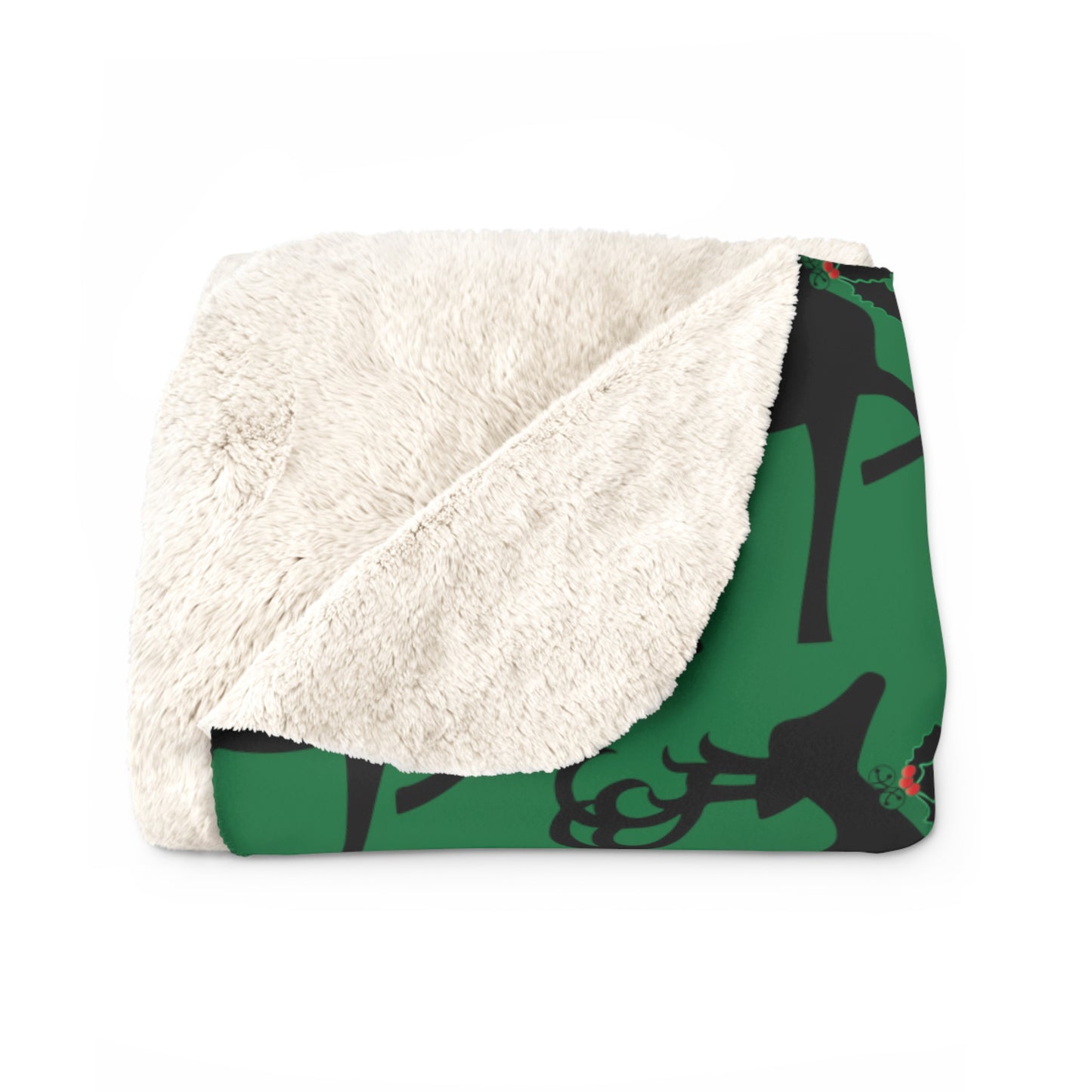 Reindeer Silhouette Green Retro Christmas Print Sherpa Fleece Blanket