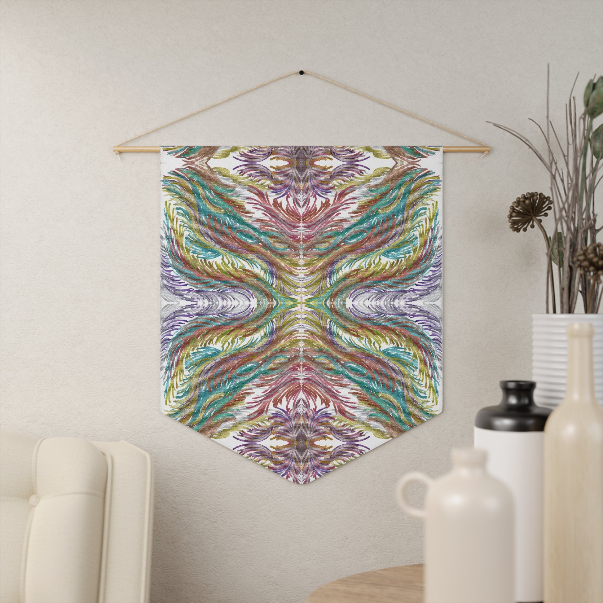 This canvas wall hanging by Caden Caraco features swirls of purples, reds, greens and gold.