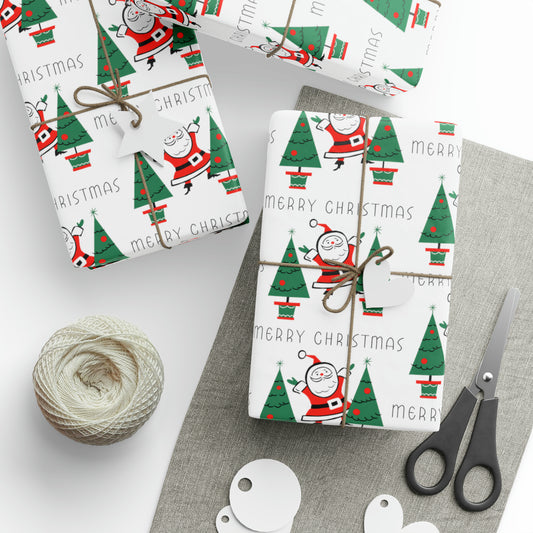 Merry Christmas Santa Christmas Trees Mid Century Retro Christmas Print Holiday Gift Wrap Paper - Glossy Or Matte