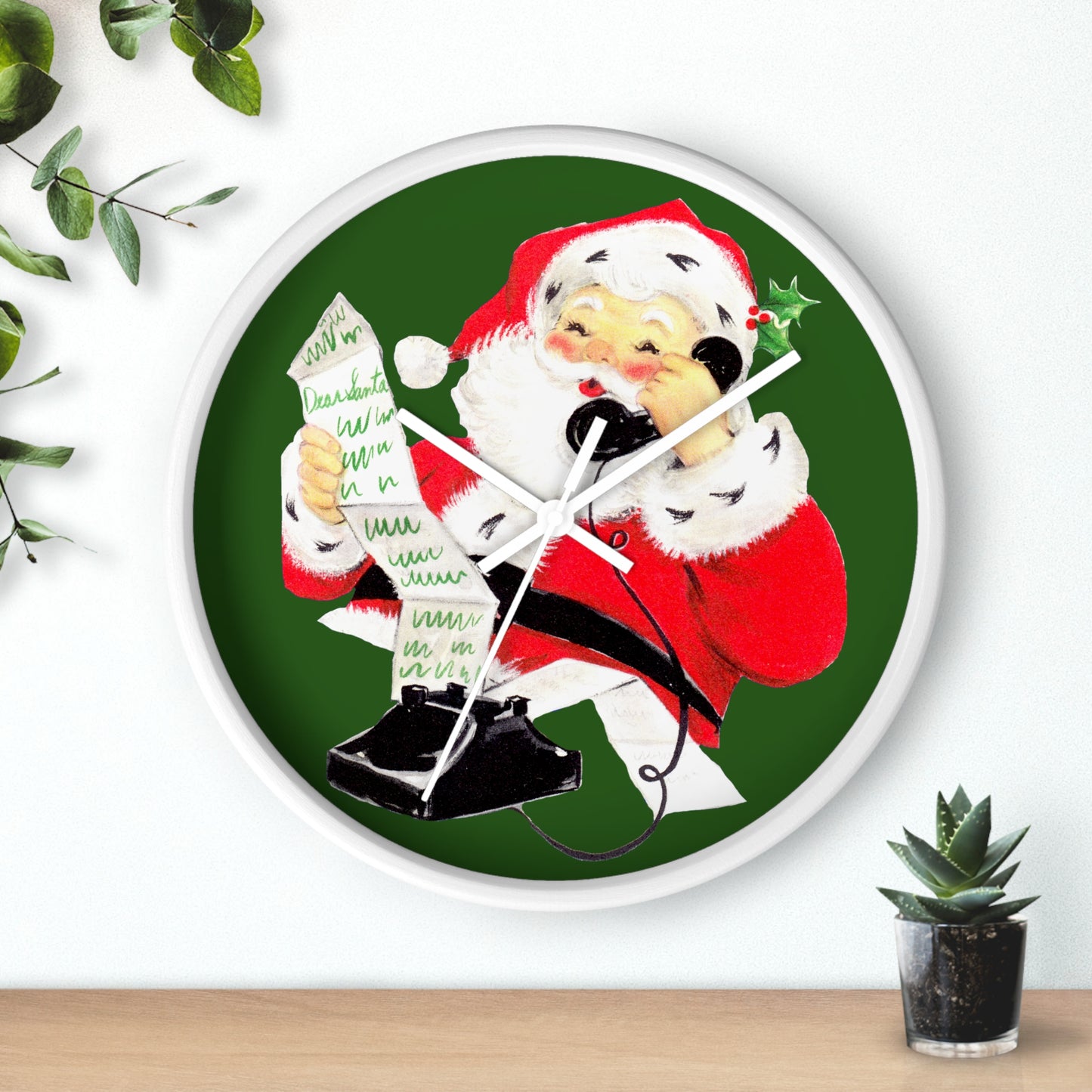 Santa Checking His List On Telephone Mid Century Retro Christmas Print White Wall Clock