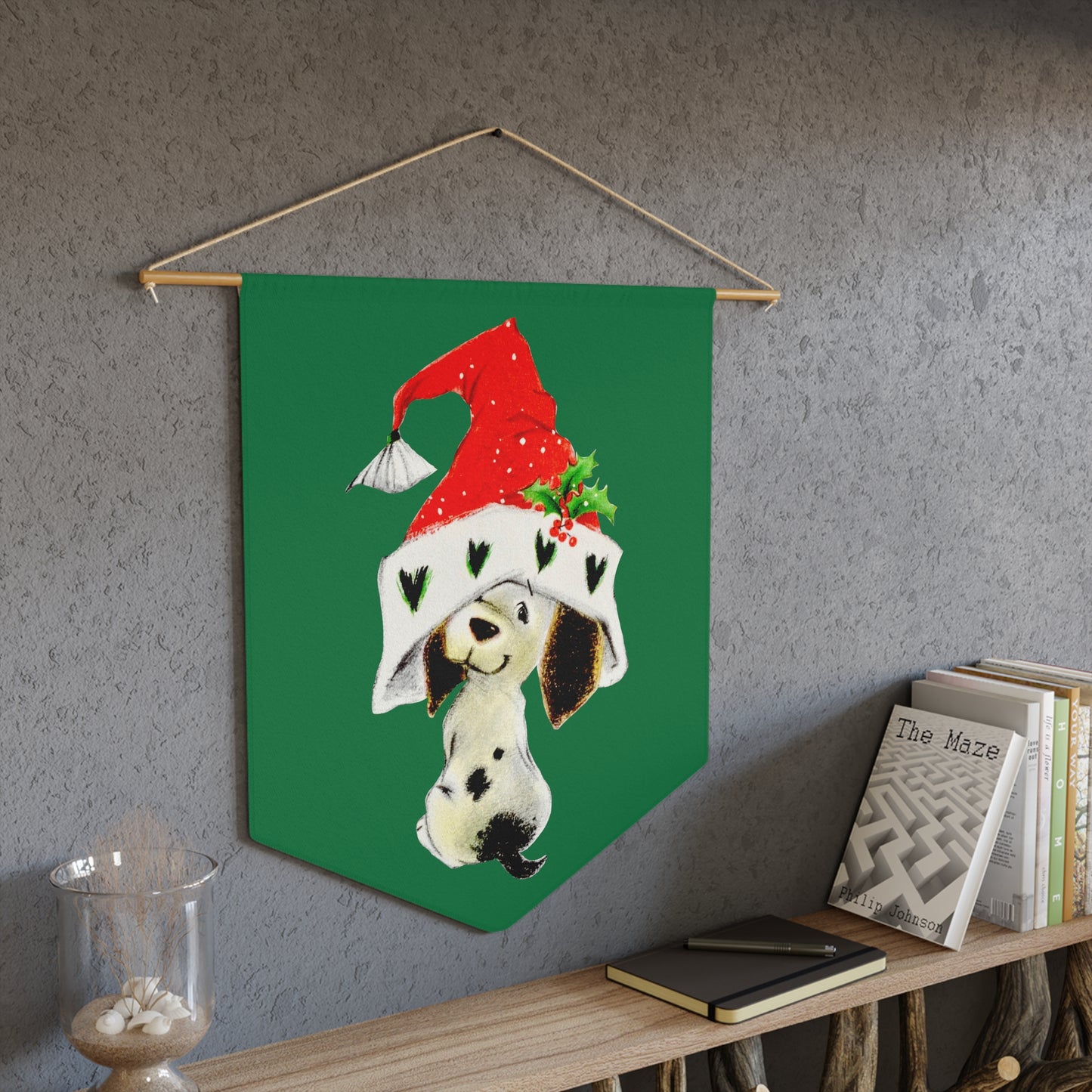 Christmas Dalmation Puppy In Santa Hat Mid Century Retro Christmas Print Wall Hanging Banner Flag