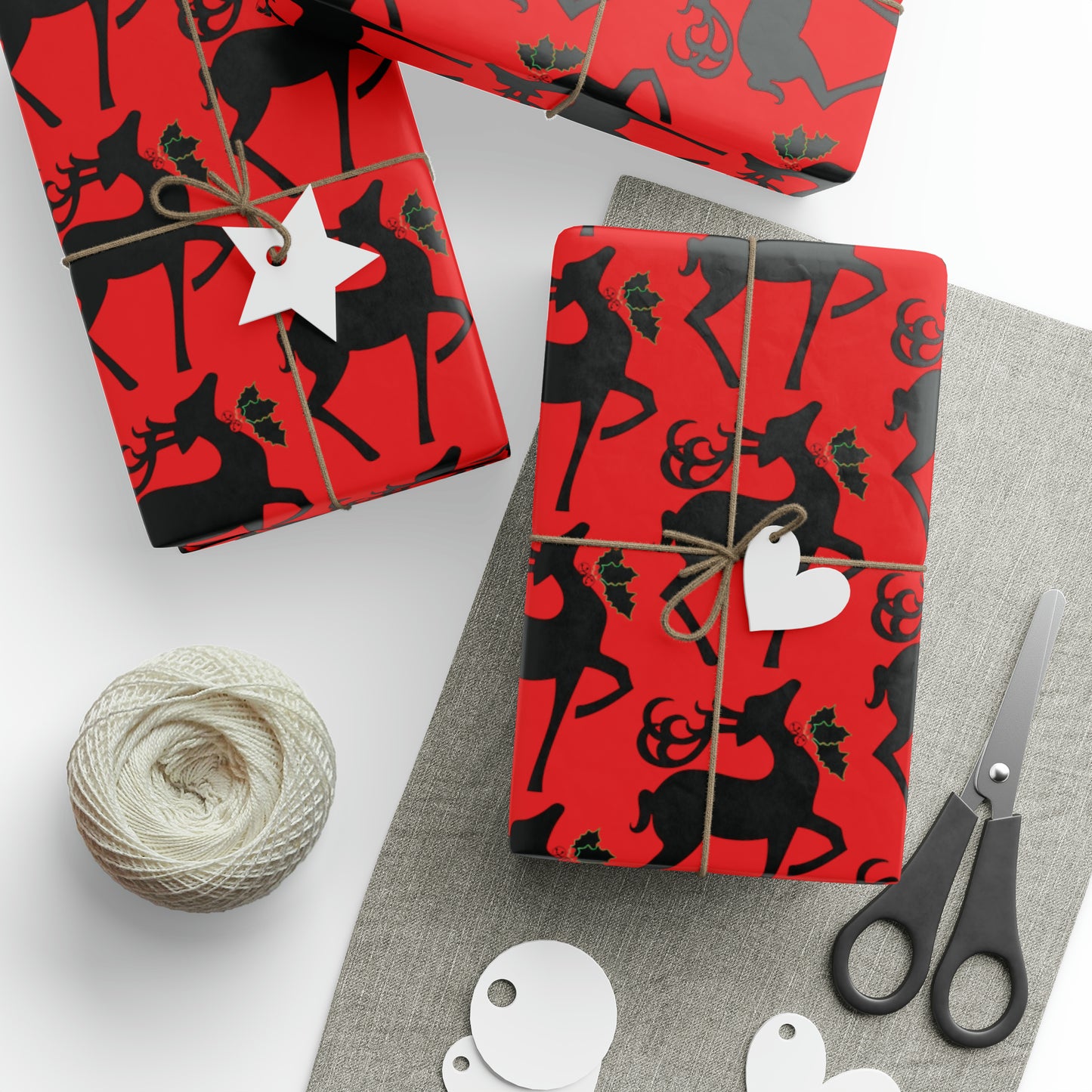 Reindeer Silhouette Red Mid Century Retro Christmas Print Holiday Gift Wrap Paper - Glossy Or Matte