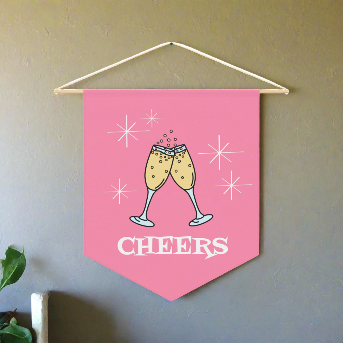 Cheers Champagne Toast Pink Atomic Mid Century Retro Style Pink Wall Hanging Banner Flag