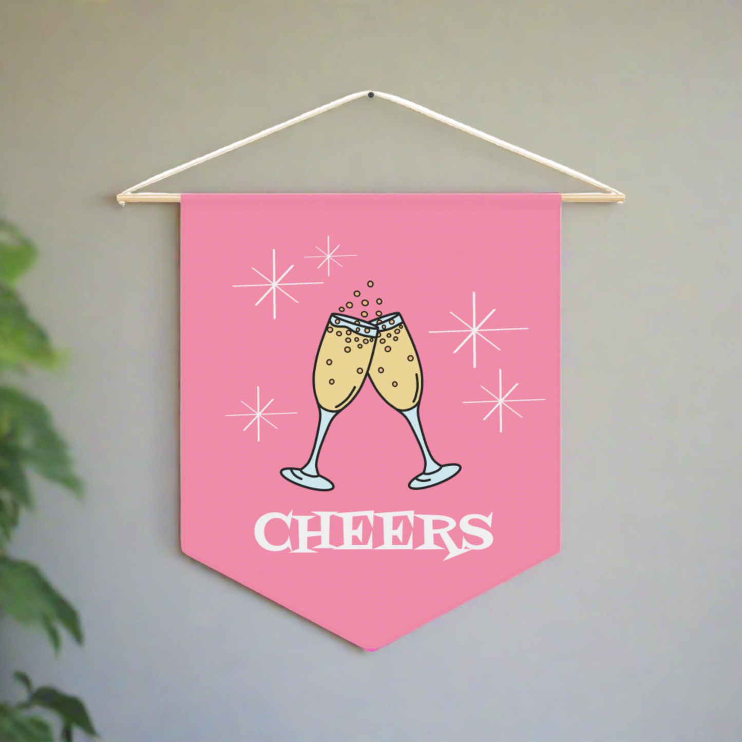 Cheers Champagne Toast Pink Atomic Mid Century Retro Style Pink Wall Hanging Banner Flag