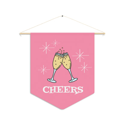 Cheers Champagne Toast Pink Atomic Mid Century Retro Style Pink Wall Hanging Banner Flag