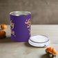 This 10 ounce purple stainless steel travel tumbler mug says Spooky Babe in pinks and yellows with stars.