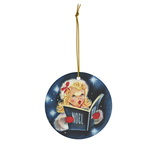 Noel Christmas Caroler Girl Mid Century Retro Christmas Print Ceramic Ornament