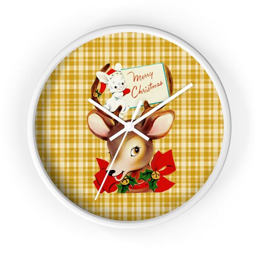 Merry Christmas Reindeer Bunny Plaid Retro Print White Christmas Wall Clock