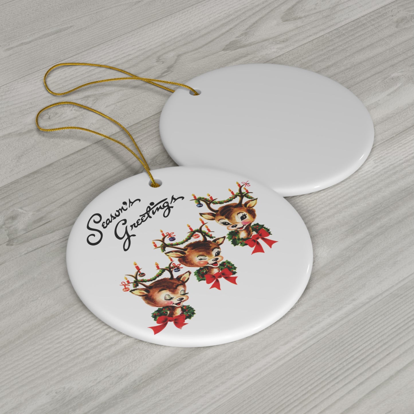 Season's Greetings Reindeer Mid Century Retro Christmas Print Ceramic Ornament