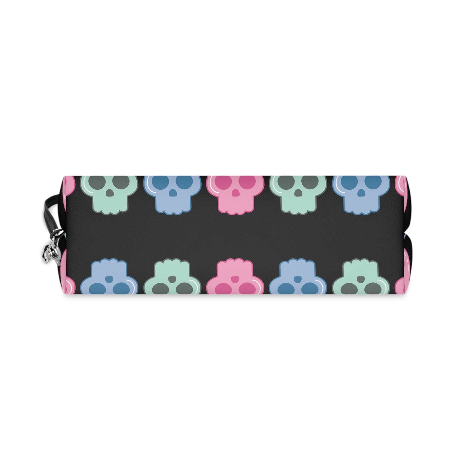 Bottom view of cute cosmetic makeup travel bag featuring adorable pastel skulls with a black background. The bag has a zipper and a side wristlet.