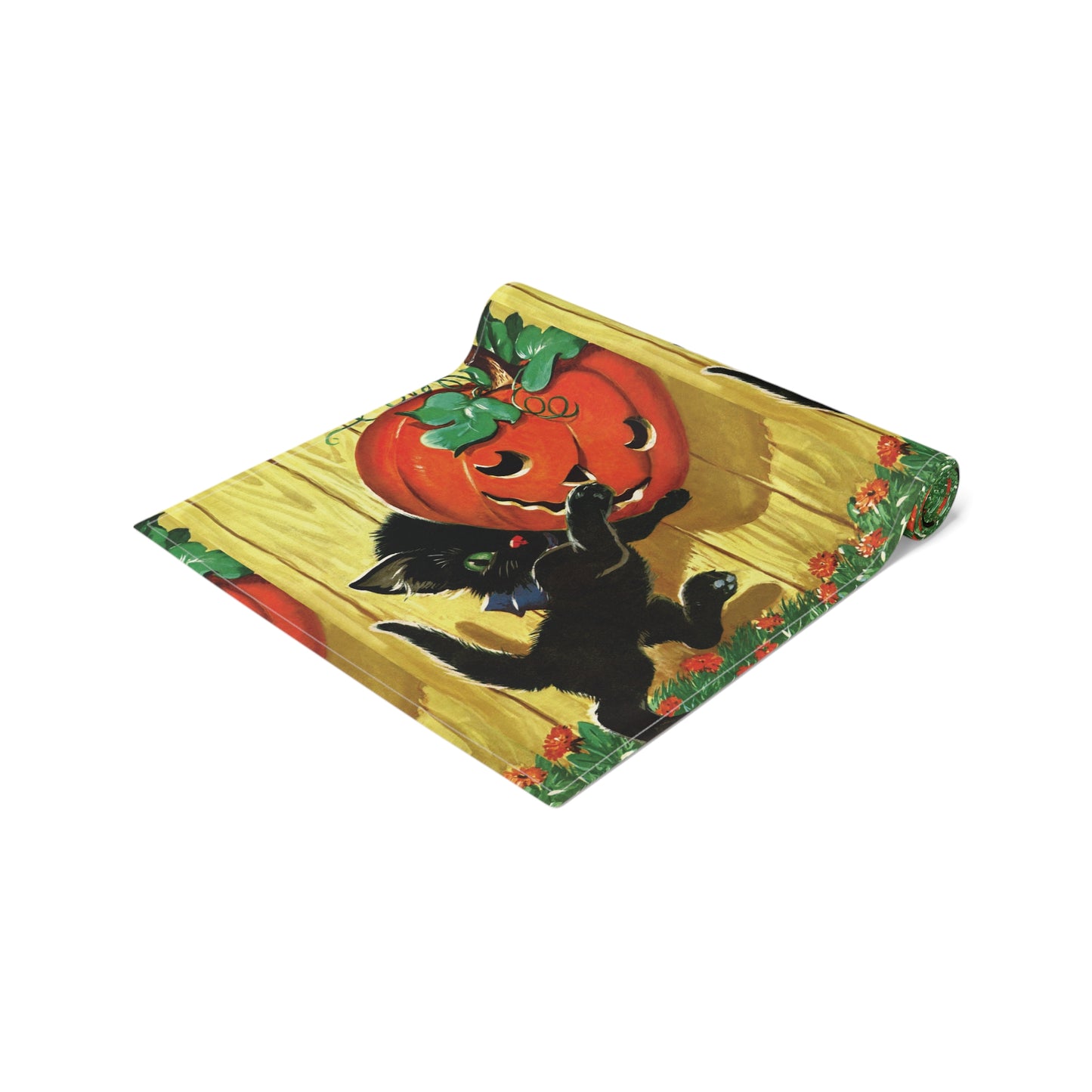 Black Cat With Jack O Lantern Retro Halloween Print Cotton Poly Table Runner