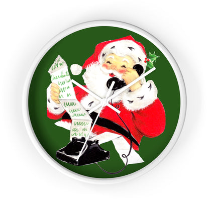 Santa Checking His List On Telephone Mid Century Retro Christmas Print White Wall Clock