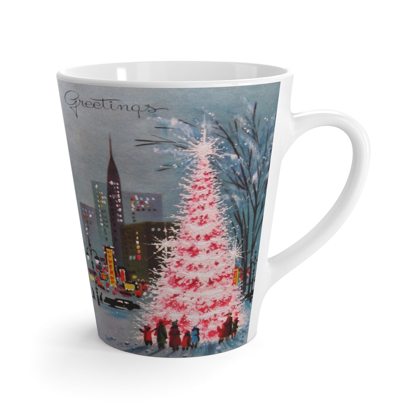 City Greetings Pink Christmas Tree Mid Century Retro Christmas Print Latte Coffee Mug