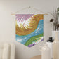 This fabric wall hanging features ethereal space swirls of pinks, blues, greens and gold.