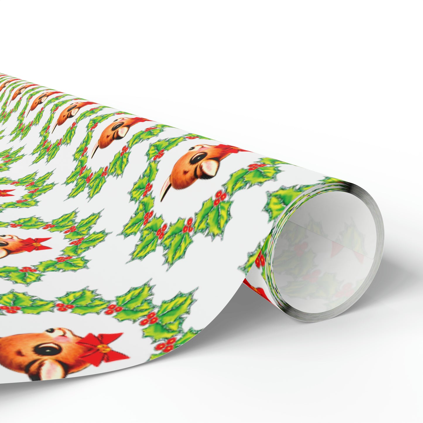 Reindeer With Bow In Holly Wreath Mid Century Retro Christmas Print Holiday Gift Wrap Paper - Glossy Or Matte