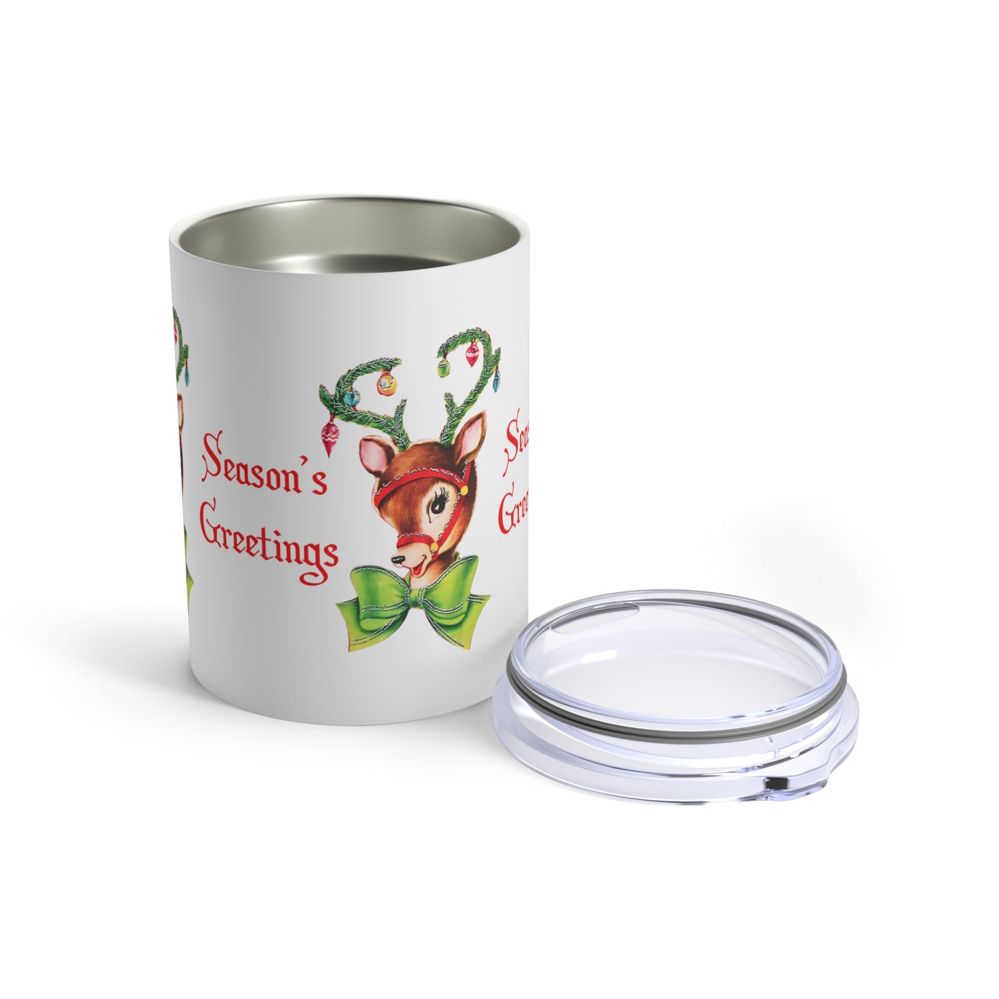 Season's Greetings Reindeer With Ornaments Retro Mid Century Christmas Print Stainless Steel Tumbler 10oz