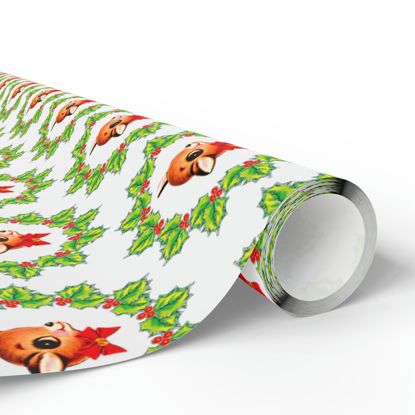 Reindeer With Bow In Holly Wreath Mid Century Retro Christmas Print Holiday Gift Wrap Paper - Glossy Or Matte