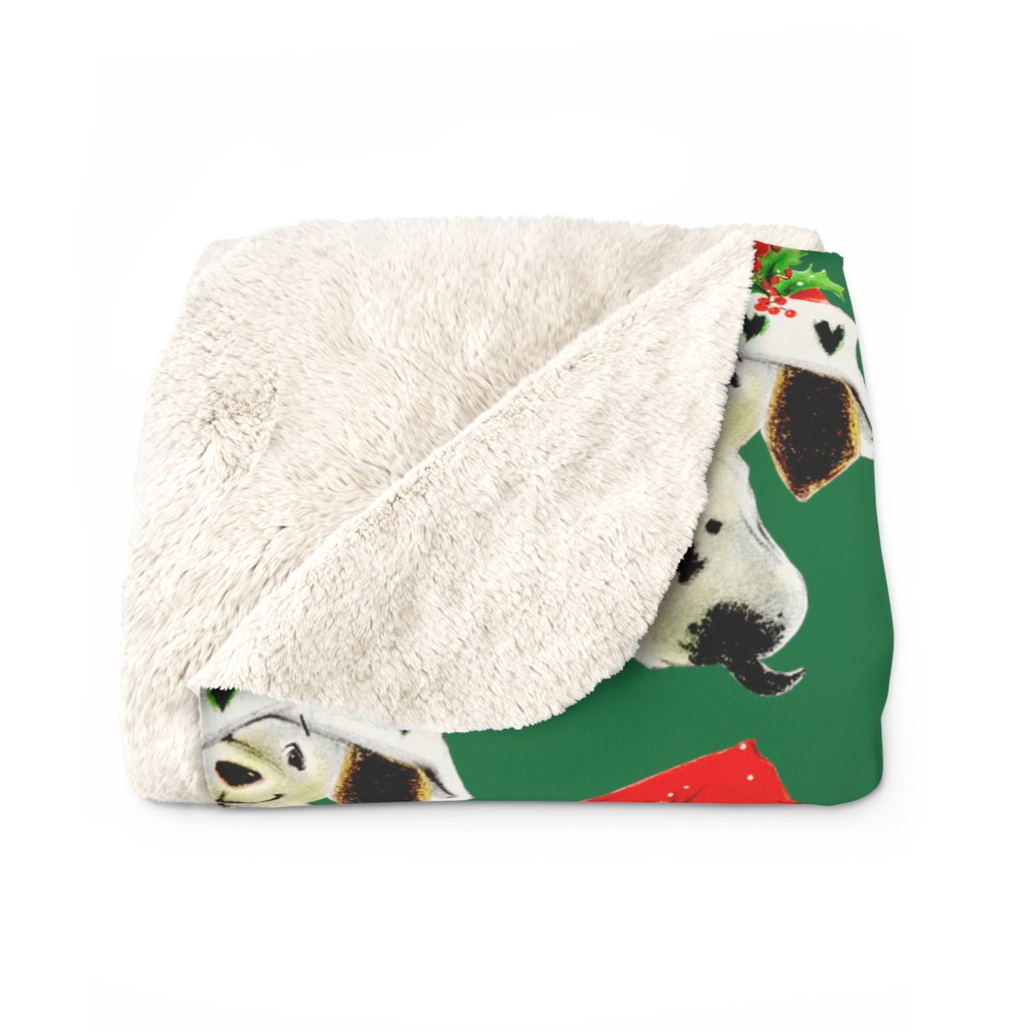 Christmas Dalmation Puppy In Santa Hat Mid Century Retro Christmas Print Sherpa Fleece Blanket