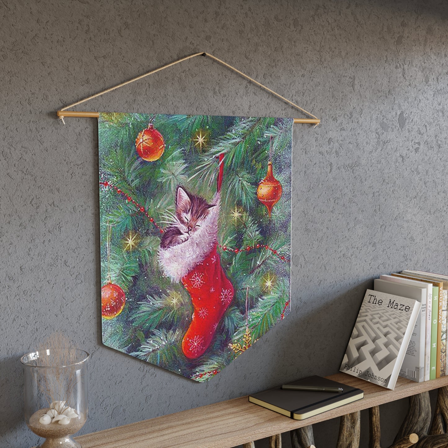 Christmas Kitten Sleeping In Stocking In Christmas Tree Retro Christmas Print Wall Hanging Banner Flag