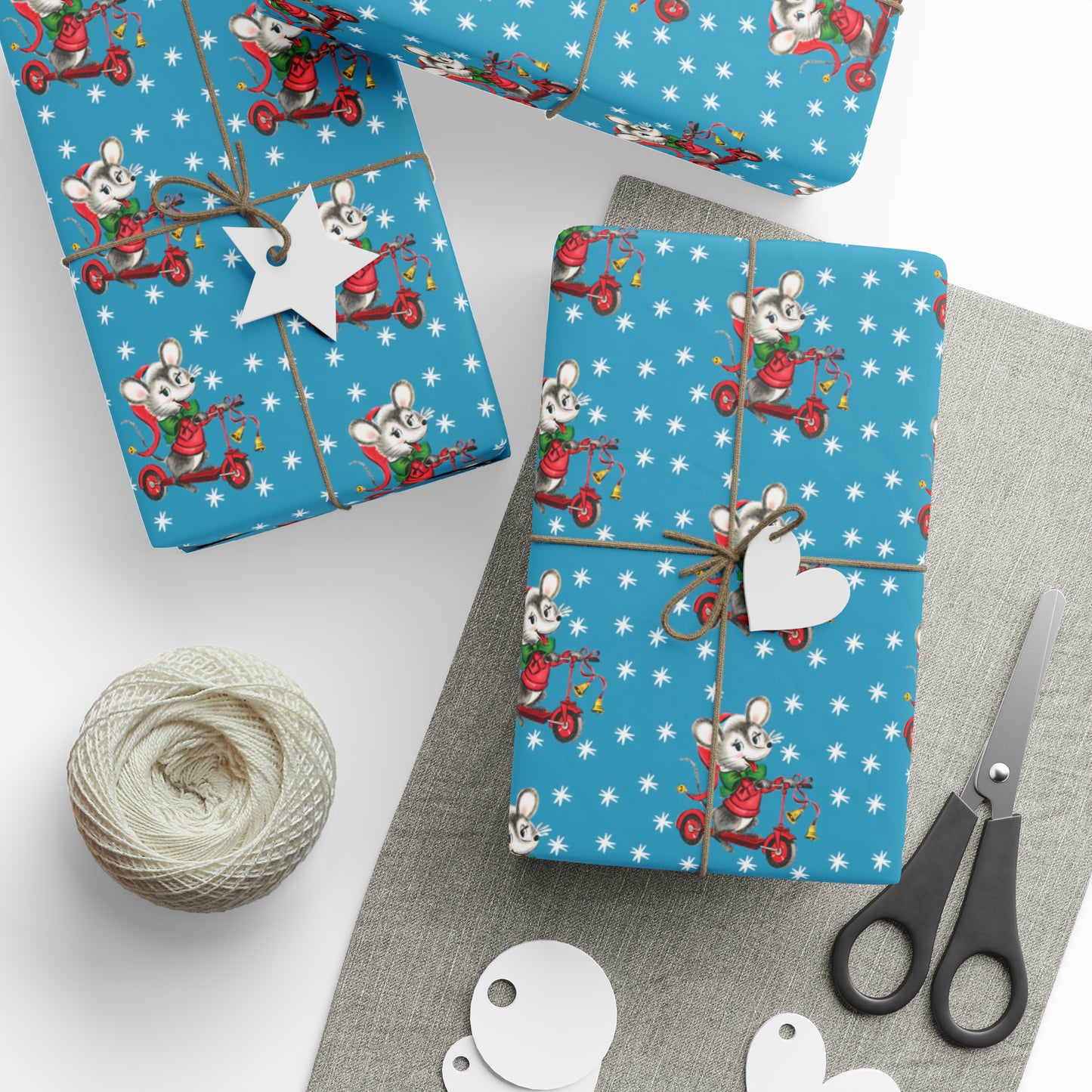 Christmas Mouse On Scooter Stars Mid Century Retro Christmas Print Holiday Gift Wrap Paper - Glossy Or Matte