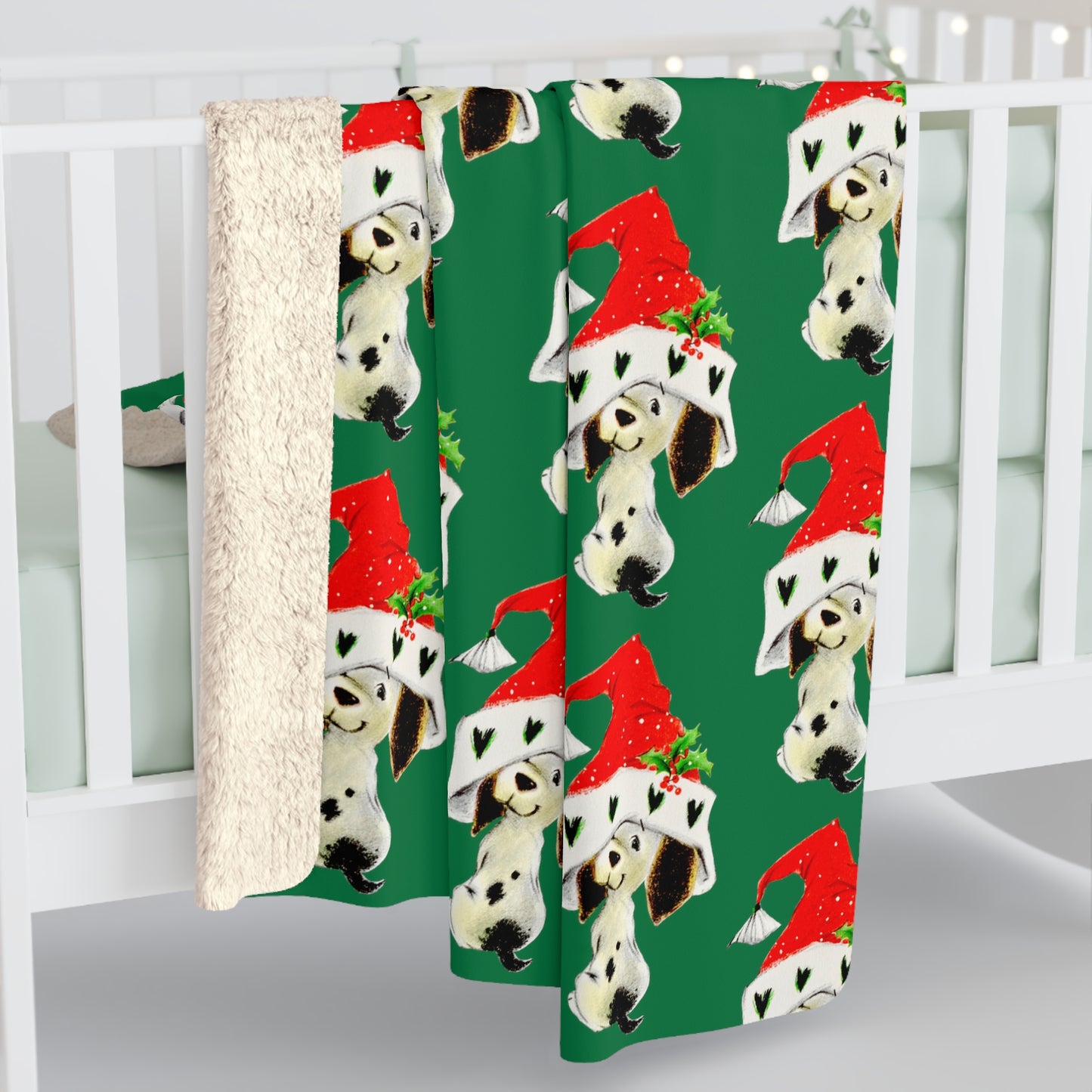 Christmas Dalmation Puppy In Santa Hat Mid Century Retro Christmas Print Sherpa Fleece Blanket