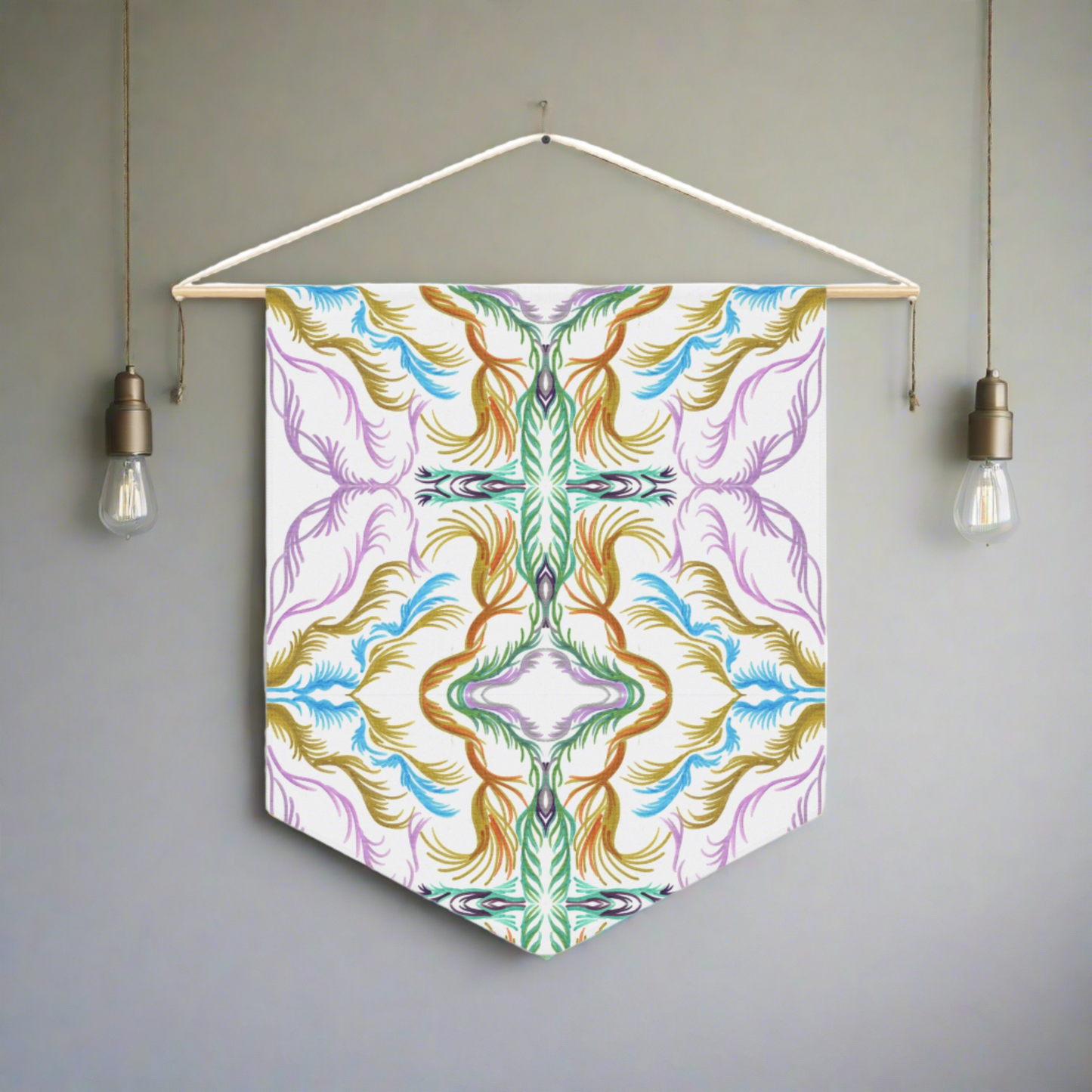 This fabric pennant wall hanging features the modern artwork of Caden Caraco. It features swirls of purple, greens and gold, inspired by Lyra and the memory of the universe. 