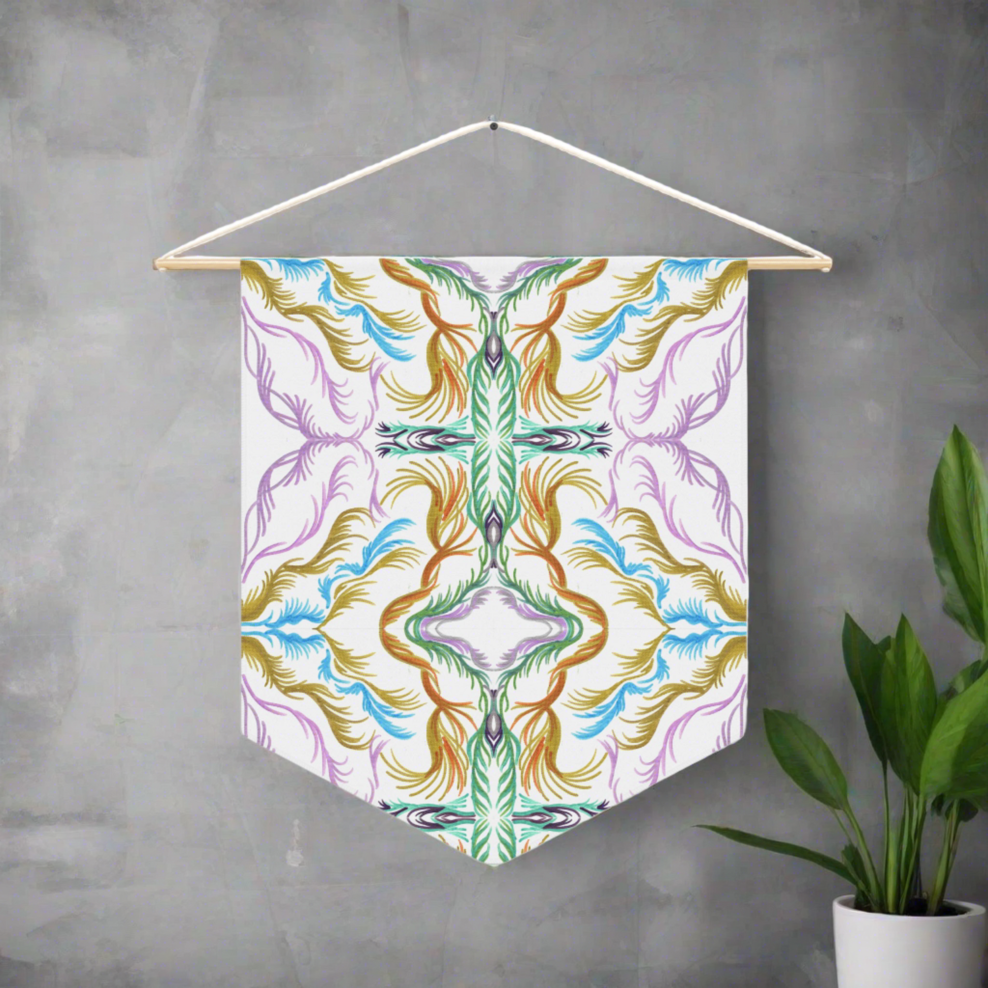 This fabric pennant wall hanging features the modern artwork of Caden Caraco. It features swirls of purple, greens and gold, inspired by Lyra and the memory of the universe. 