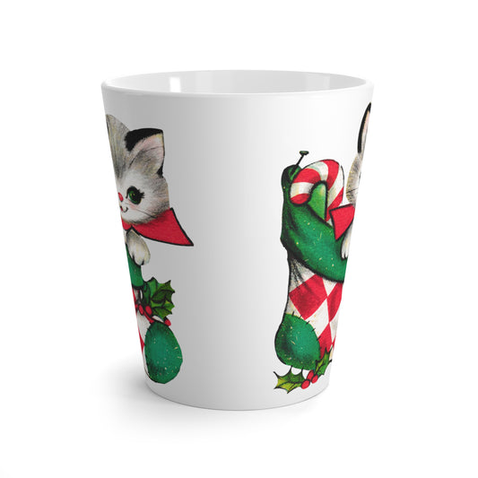 Christmas Kitten In Stocking Mid Century Retro Christmas Print Latte Coffee Mug