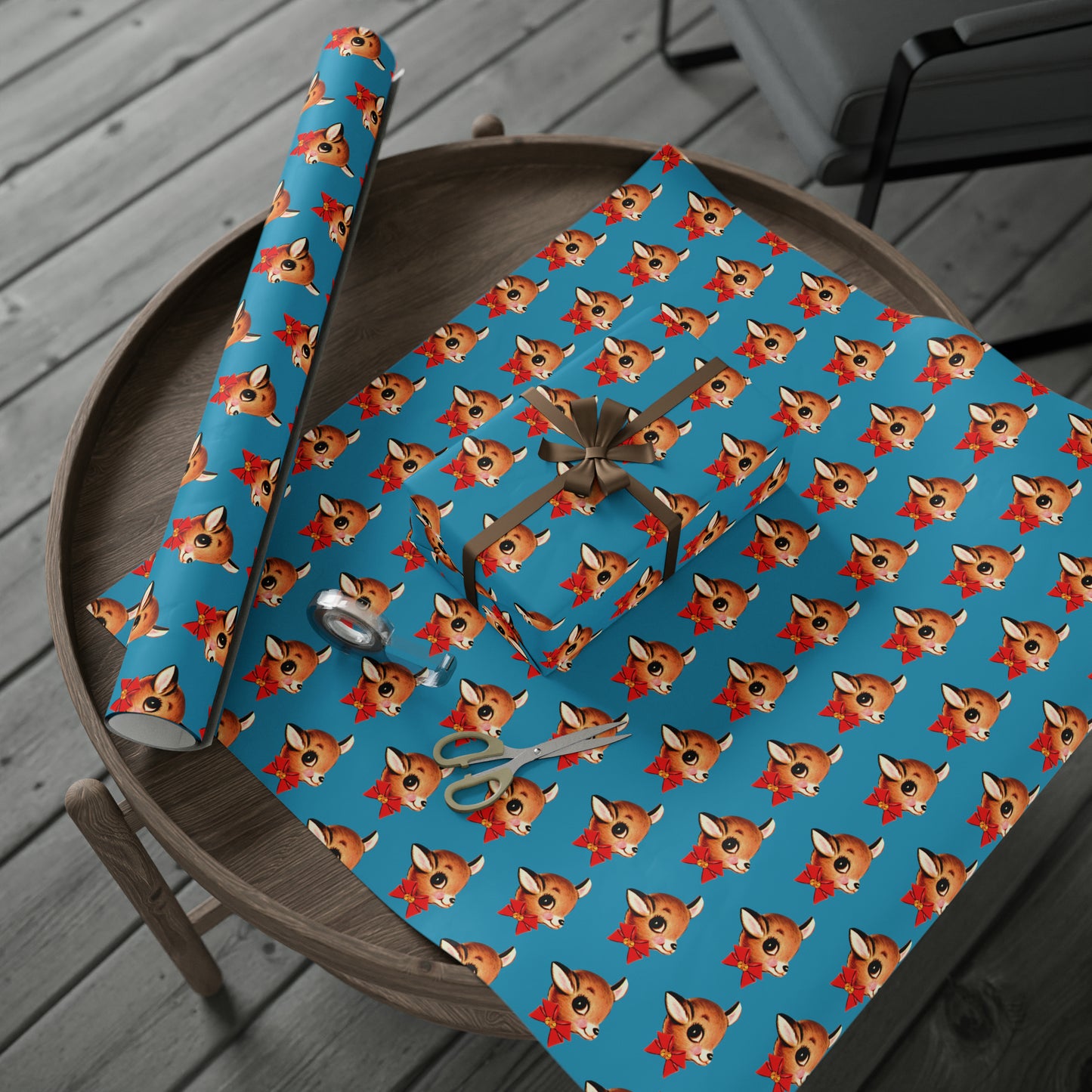 Reindeer With Bow Blue Mid Century Retro Christmas Print Holiday Gift Wrap Paper - Glossy Or Matte