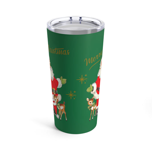 Merry Christmas Santa Reindeer Gold Stars Mid Century Retro Christmas Print Stainless Steel Tumbler 20oz