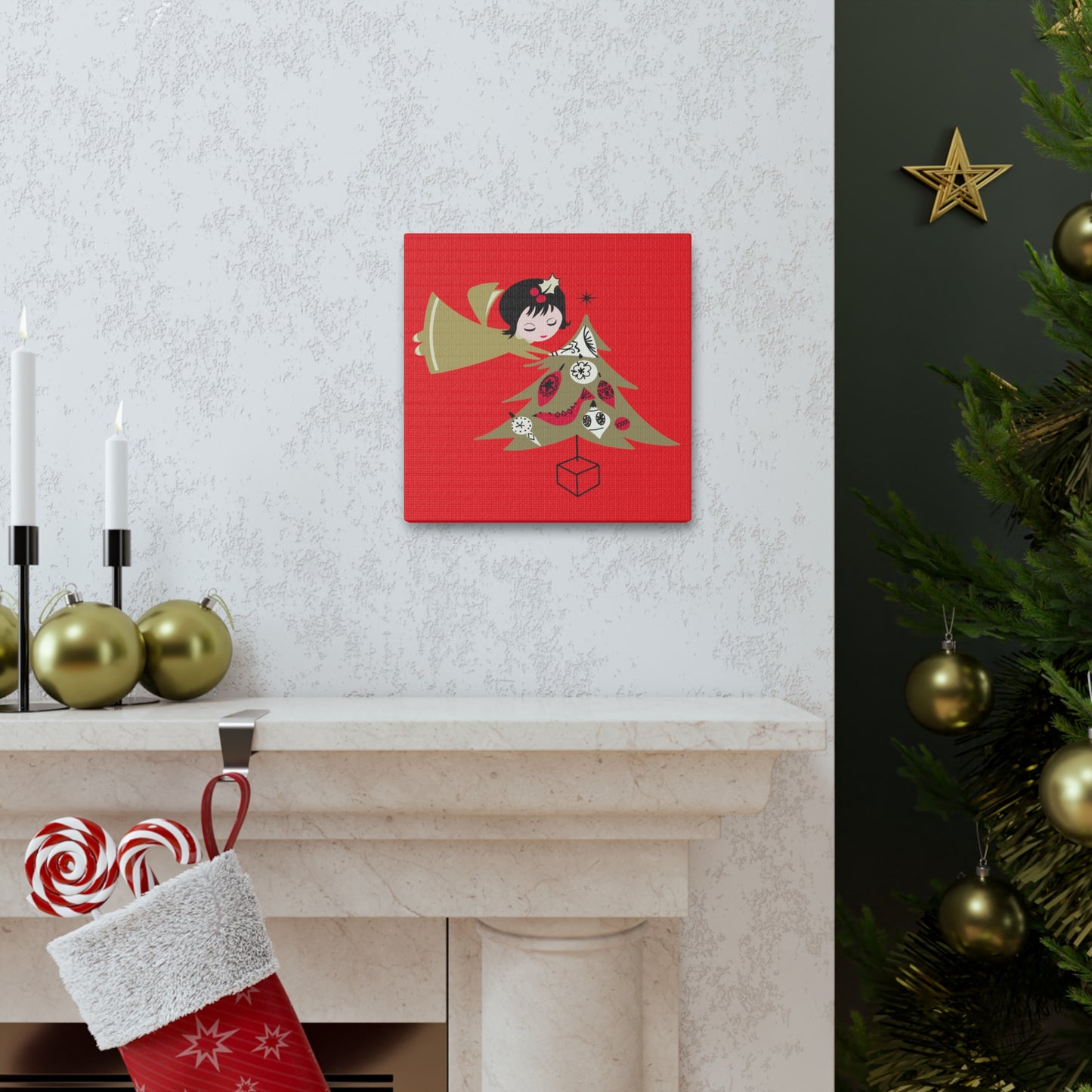 Gold Angel And Christmas Tree Retro Christmas Canvas Gallery Wrap