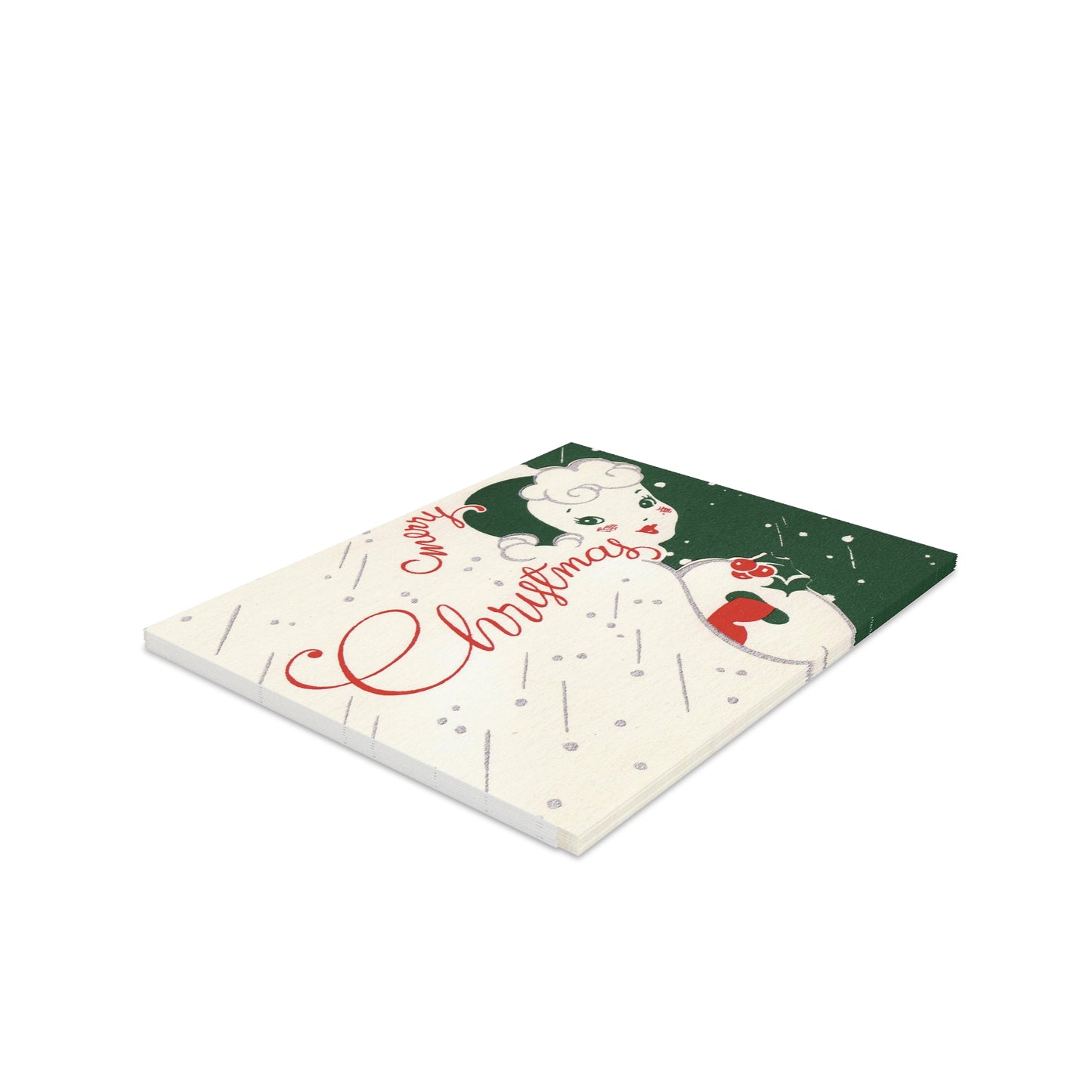 Merry Christmas Lady Mid Century Retro Christmas Print Matte Greeting Cards (8, 16, and 24 pcs)