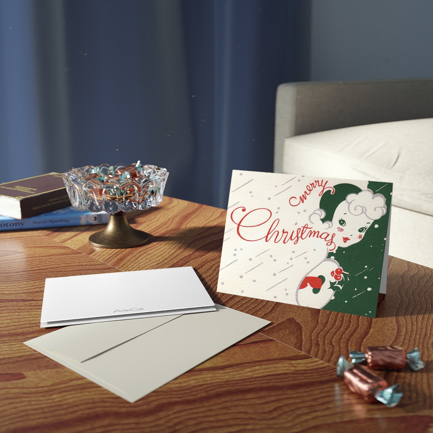 Merry Christmas Lady Mid Century Retro Christmas Print Matte Greeting Cards (8, 16, and 24 pcs)