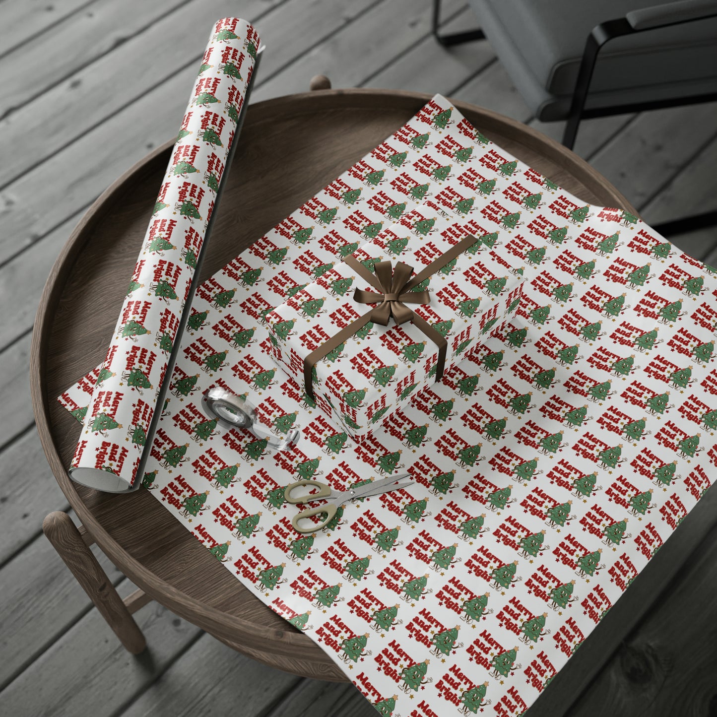 Merry And Bright Cute Christmas Tree Retro Style Christmas Holiday Gift Wrap Paper - Glossy Or Matte