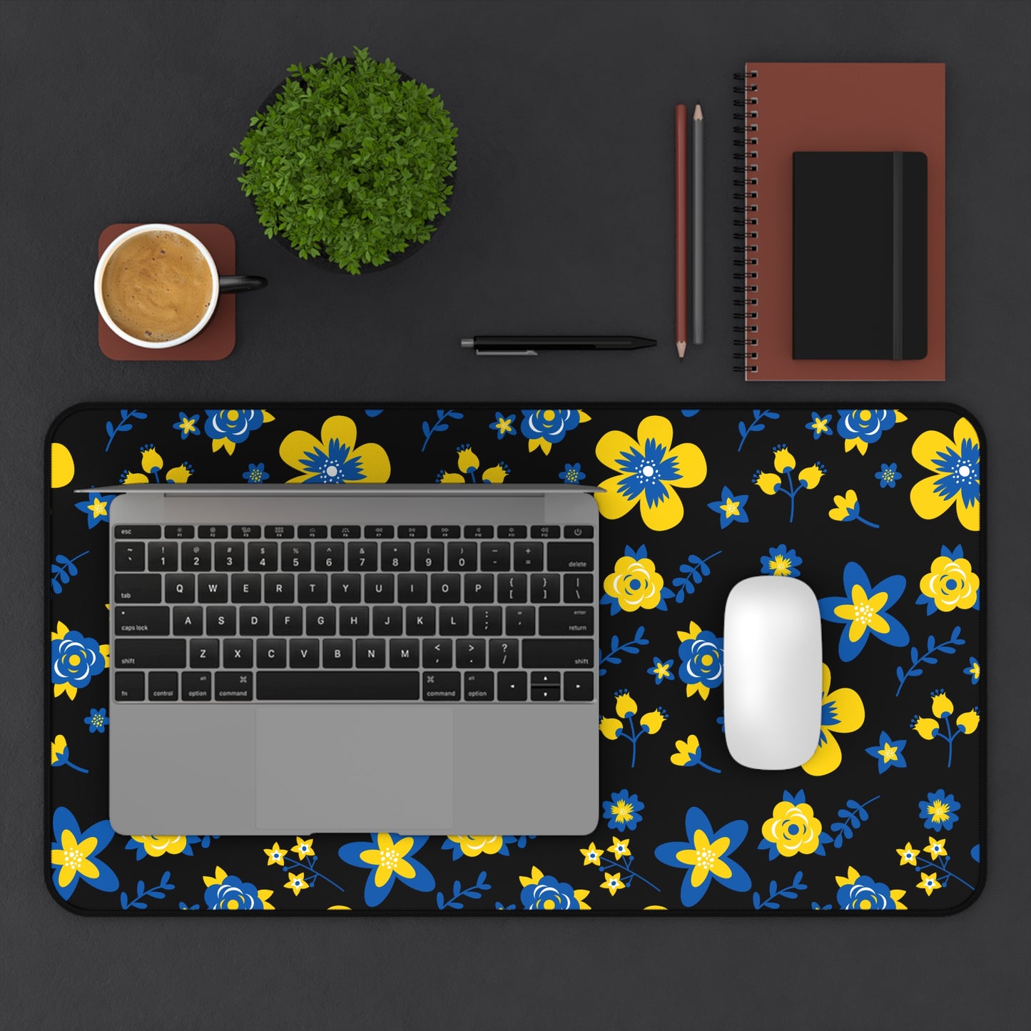 Ukranian Country Flowers Black Floral Desk Mat - 3 size options