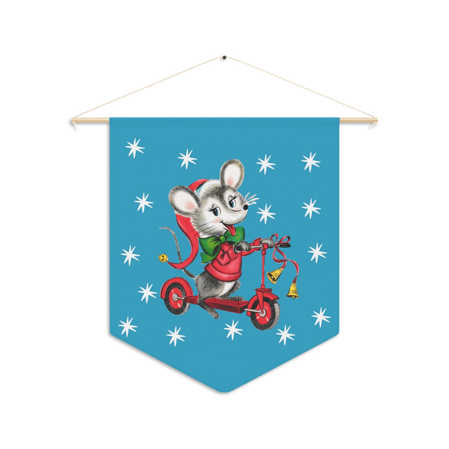 Christmas Mouse On Scooter Stars Blue Retro Mid Century Christmas Print Wall Hanging Banner Flag