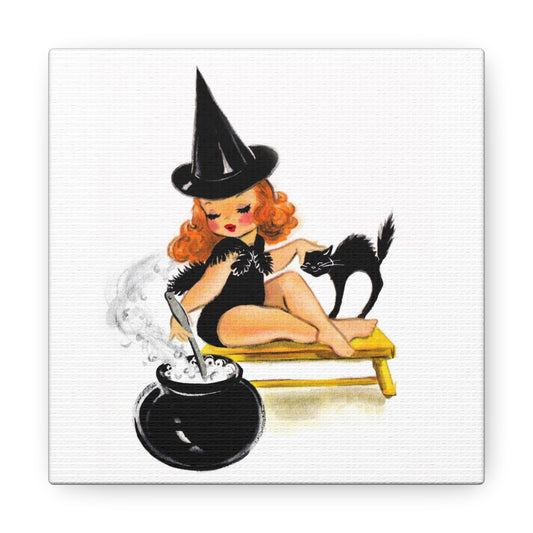 Orange Witch Black Cat Retro Halloween Decor Print Canvas Gallery Wrap