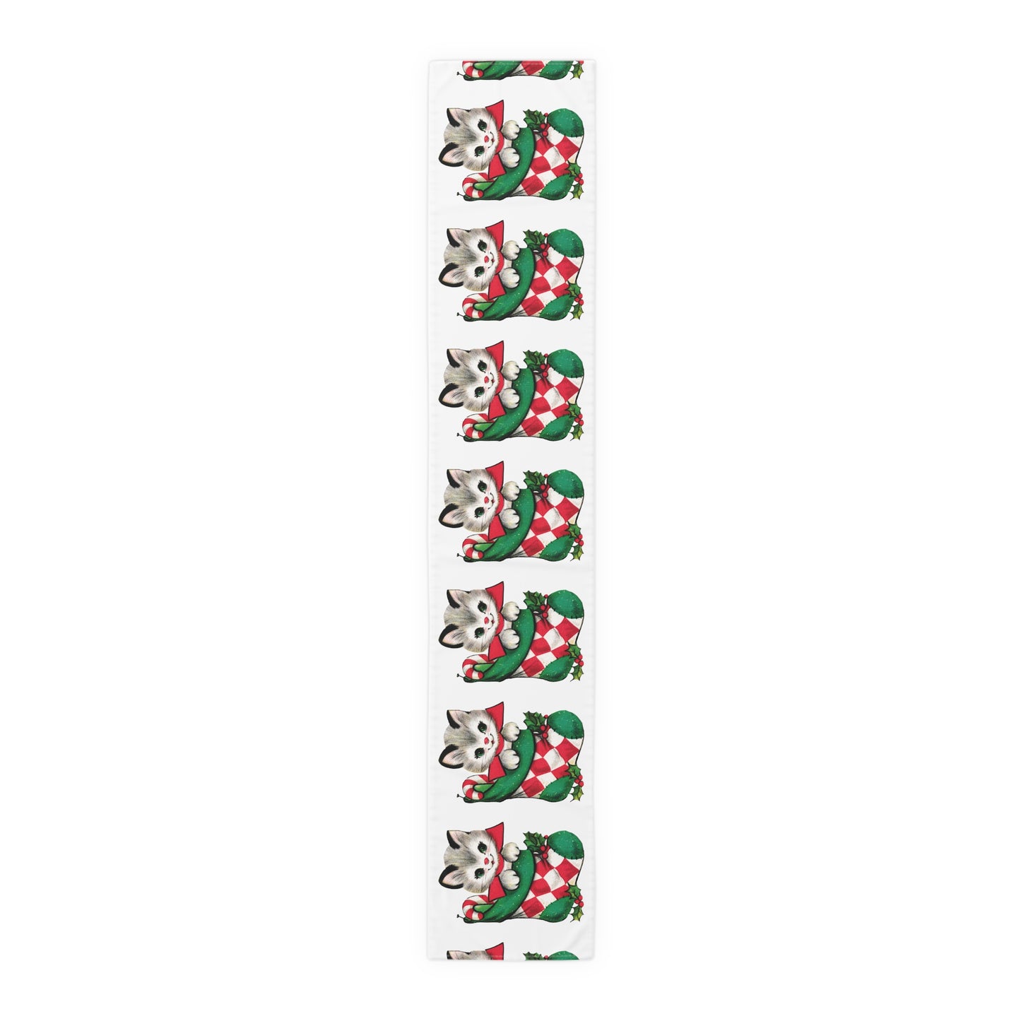 Cute Christmas Kitten In Stocking Mid Century Retro Christmas Print Home Decor Cotton Poly Table Runner