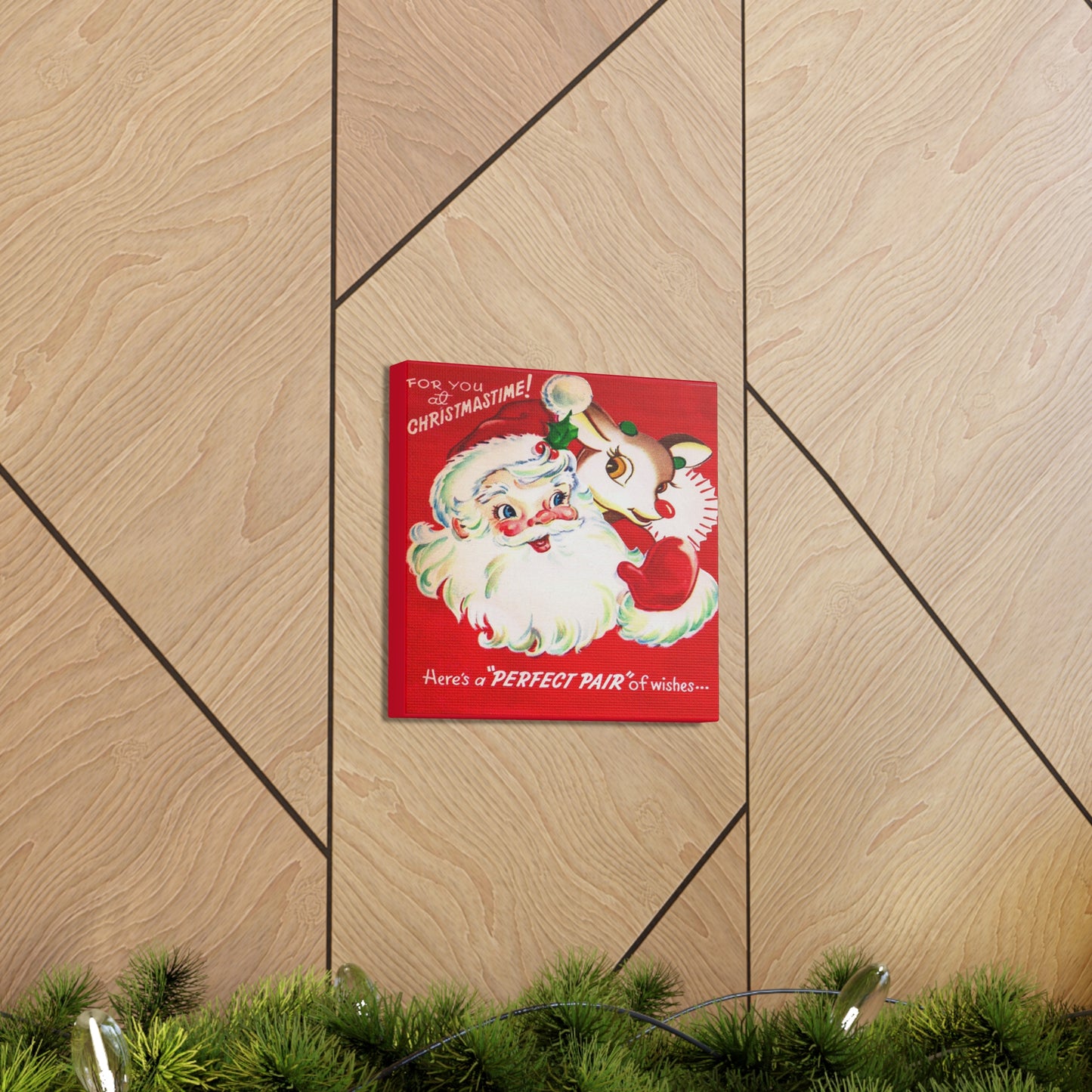 For You At Christmastime Santa And Rudolph Mid Century Retro Christmas Canvas Gallery Wrap