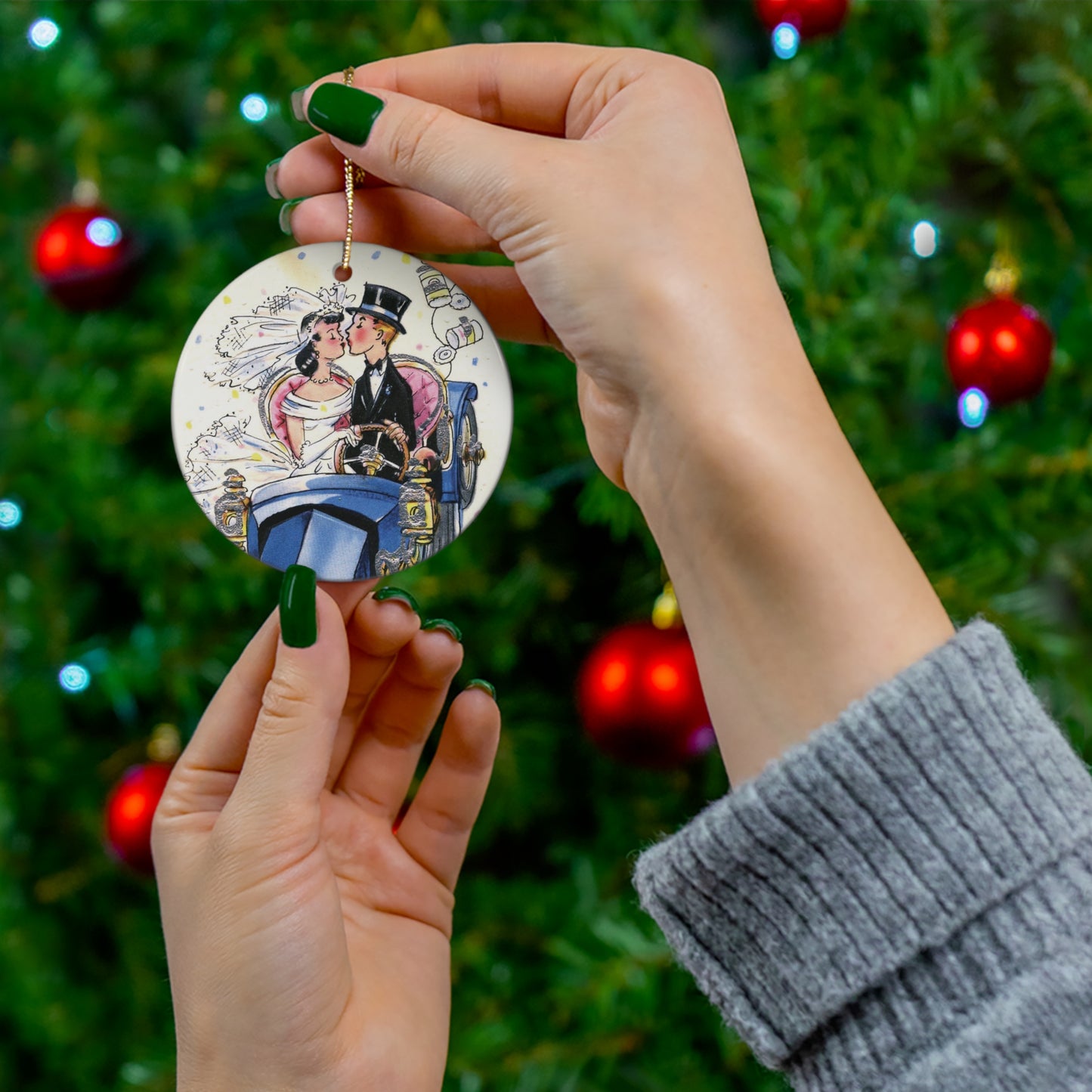 Bride And Groom Kissing Newlywed Couple Mid Century Retro Print Ceramic Ornament